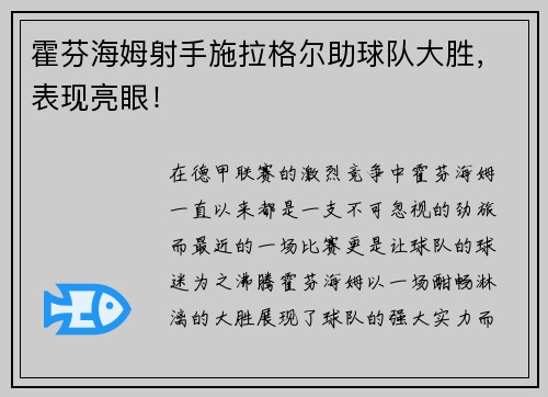 霍芬海姆射手施拉格尔助球队大胜，表现亮眼！